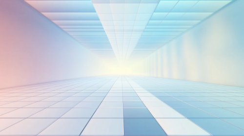 Light blue sky above, gray grid below