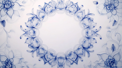 Light gray background, blue lotus patterns circling inward.
