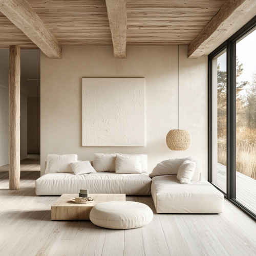Light wood and neutral tones create airy, warm space.