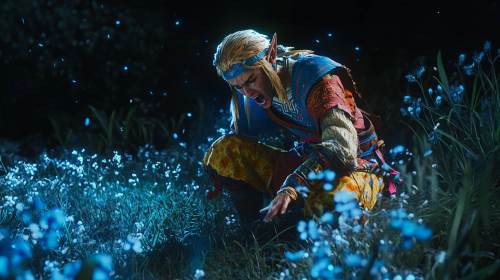 Link in colorful clothes kneeling in pain in grass