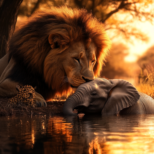 Lion and elephant friends at peaceful watering hole