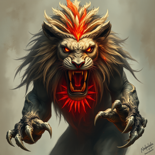 Lion-shaped human with claws becomes wendigo monster.