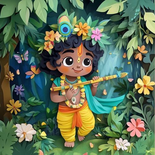 Little Krishna in Enchanted Forest: 3D Cutout