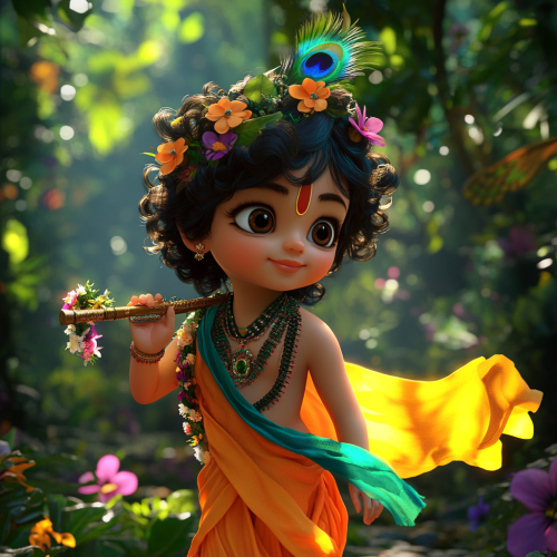 Little Krishna joyfully walks in enchanting forest.