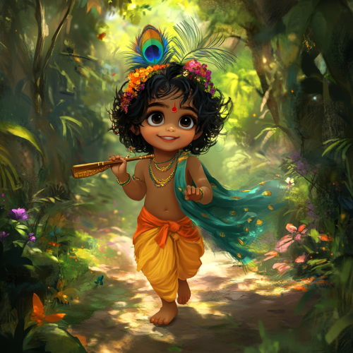 Little Krishna joyfully walks through mystical forest.