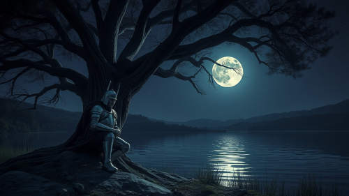 Lone Medieval Soldier Reflects by Lake at Night