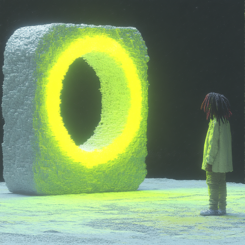 Lone figure with dreads by multi-dimensional object. Neon lights casting long shadows.