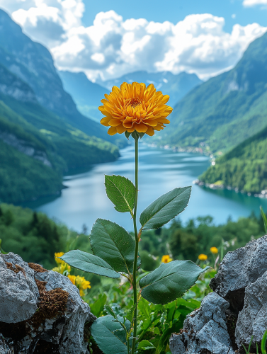 Lonely Yellow Rose in Green Forest and Lake