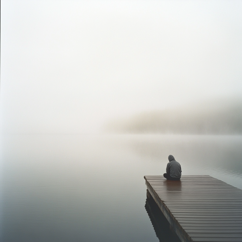 Lonely figure by lake, surrounded by mist