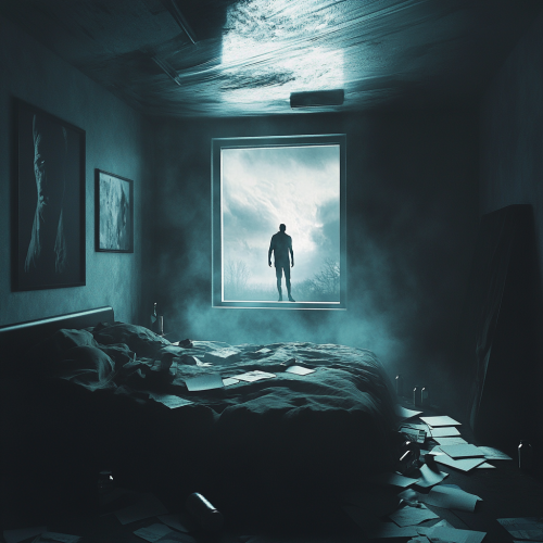 Lonely figure in messy room under stormy sky