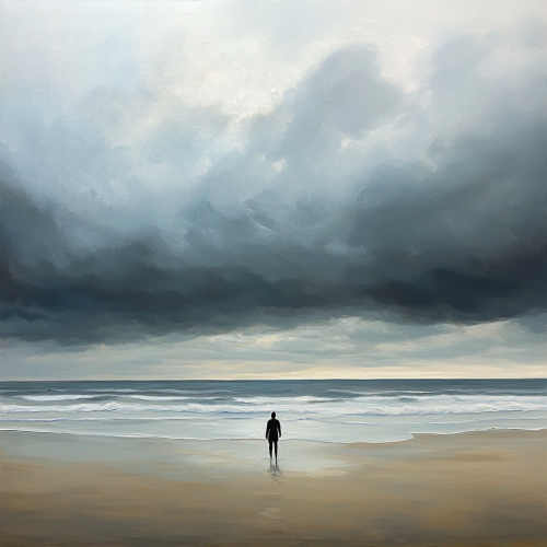 Lonely person on beach at dawn, gazing at sea