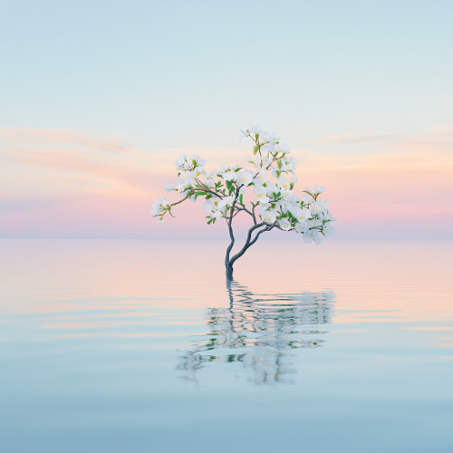 Lonely tree with white flowers in calm water, reflection.