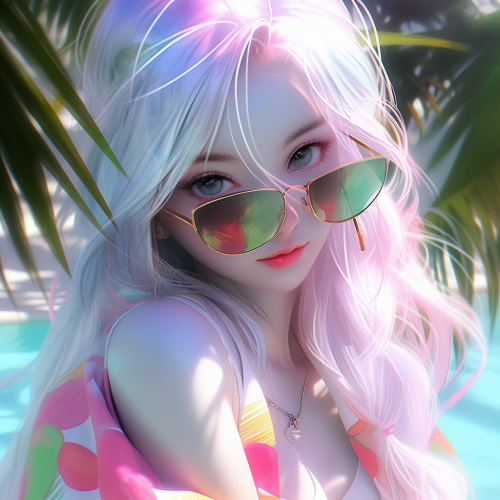 Long white hair girl by pool, detailed & colorful