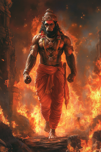 Lord Hanuman walking out of burning Lanka with abs.