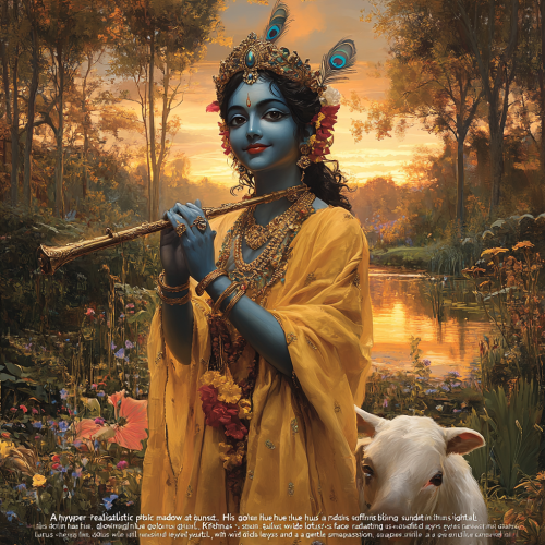 Lord Krishna Playing Flute in Tranquil Meadow