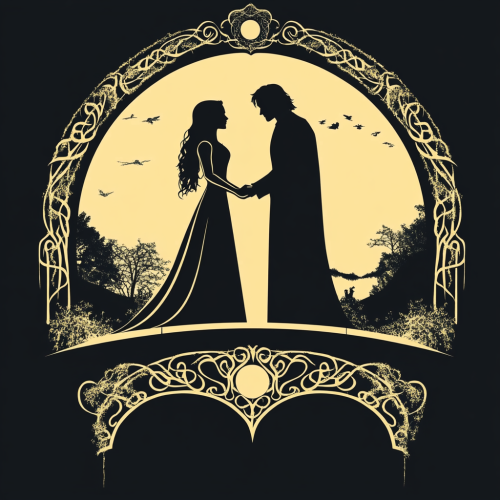 Lord of the Rings Wedding Logo with Aragon and Arwen Silhouettes Holding Hands on Elven Bridge