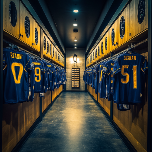 Los Angeles Rams jerseys in locker room, high resolution.