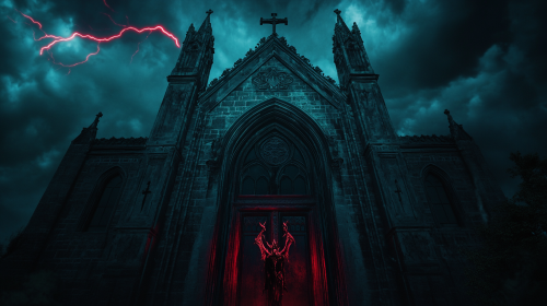 Low angle shot depicting satanic church entrance with manuelino touches, dark sky, and huge demon in front.