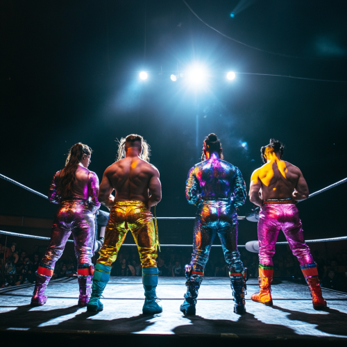 Luchadors Awaiting Match in Spotlighted Ring