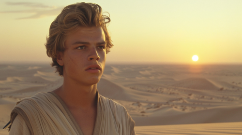 Luke in beige tunic gazes at twin suns.