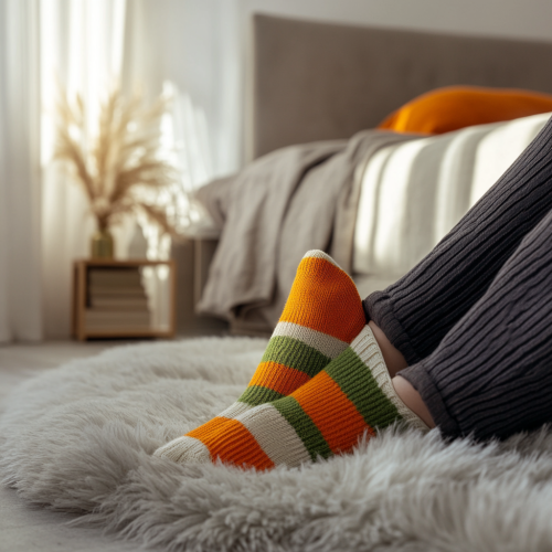 Luxurious, Realistic Bedroom with Vibrant Socks - Title