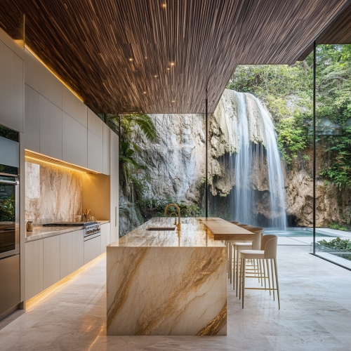 Luxurious Cliffside Mansion Kitchen with Waterfall Views