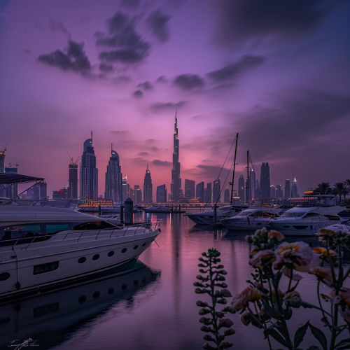 Luxurious Dubai skyline with glowing city lights and yachts