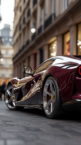 Luxurious Ferrari Superfast in a sophisticated shopping district