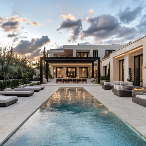 Luxurious Infinity Pool Area Behind Mediterranean Mansion
