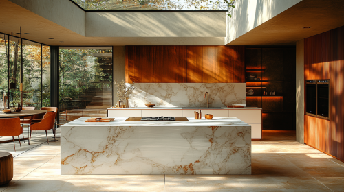 Luxurious Italian kitchen with sleek marble island, natural light.