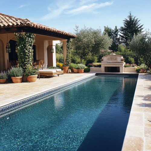 Luxurious Spanish-style villa backyard with elegant swimming pool