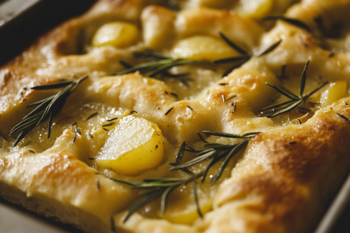 Luxurious Wild Confit Garlic Rosemary Focaccia Close-Up Shot