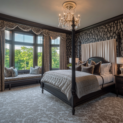 Luxurious bedroom in grand mansion with exquisite decor