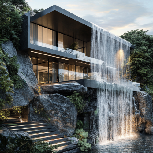 Luxurious cliff-side mansion with waterfall view