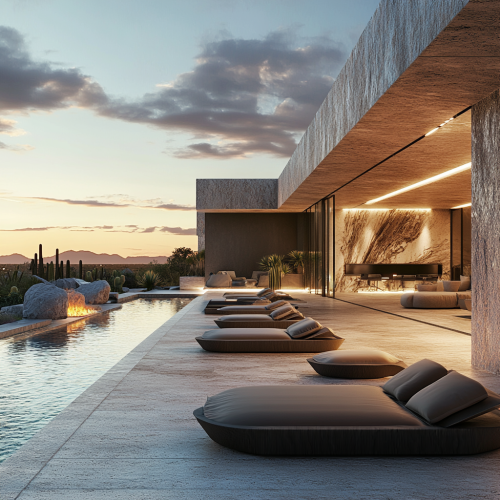 Luxurious desert mansion outdoor space with infinity pool