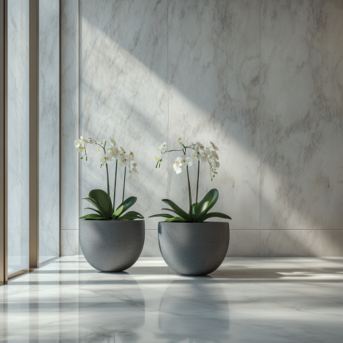 Luxurious gray bathroom with low flower pots