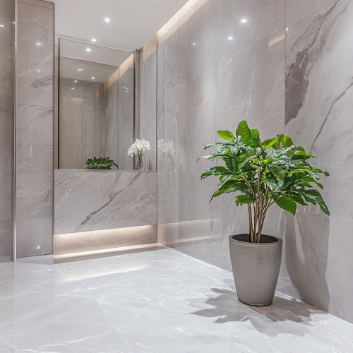 Luxurious gray bathroom with marble walls and floor