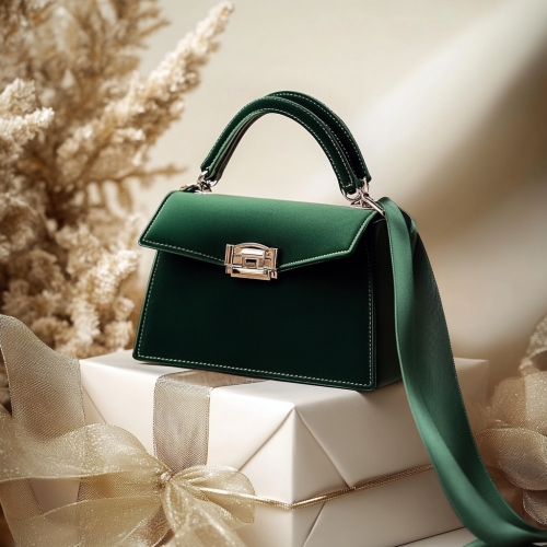 Luxurious green purse on present, elegant and festive
