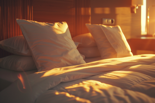 Luxurious hotel bed with pillows in warm light