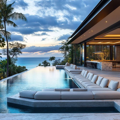 Luxurious island mansion's outdoor paradise with infinity pool