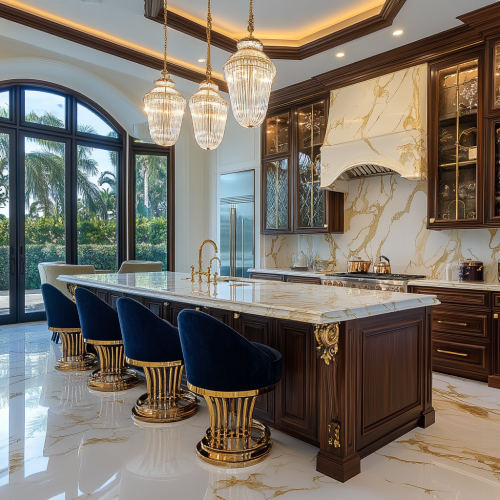 Luxurious mansion kitchen with marble island and elegance
