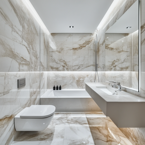Luxurious marble bathroom with no amenities, empty space