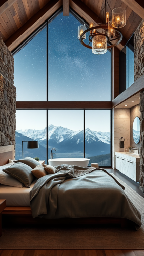 Luxurious mountain lodge bedroom with rustic design.