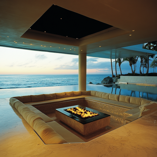 Luxurious ocean-view entertainment room in modern mansion