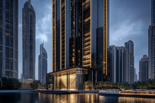 Luxurious skyscraper with dark glass and metal details