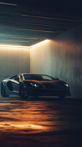 Luxurious sports car in modern garage at night