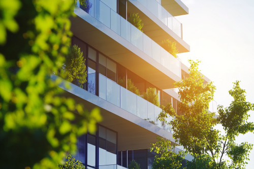 Luxurious tall building with balconies and plants