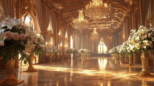 Luxurious wedding ballroom with chandeliers, roses, marble floor