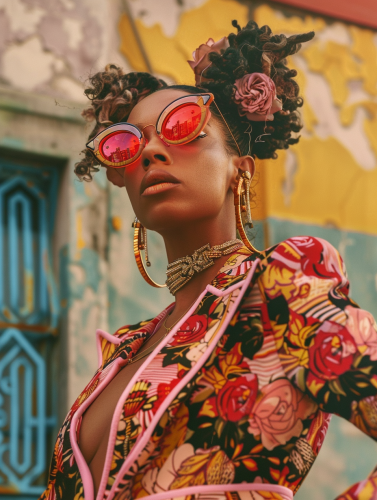 Luxurious woman with bold style in opulent blazer.