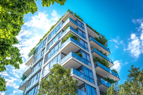 Luxury Apartment Building with Greenery and Balconies